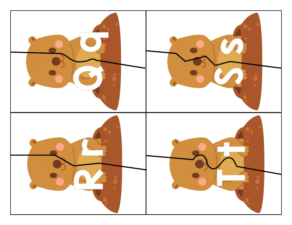 Letter matching Q to T: groundhog puzzles divided in two so students connect capital and small Qq, Rr, Ss and Tt