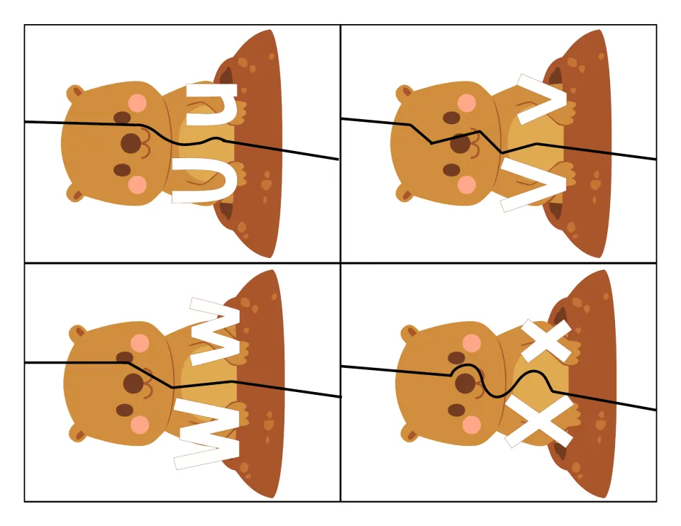 Letter matching U to X: two-part groundhog puzzles in which students join uppercase and lowercase Uu, Vv, Ww and Xx