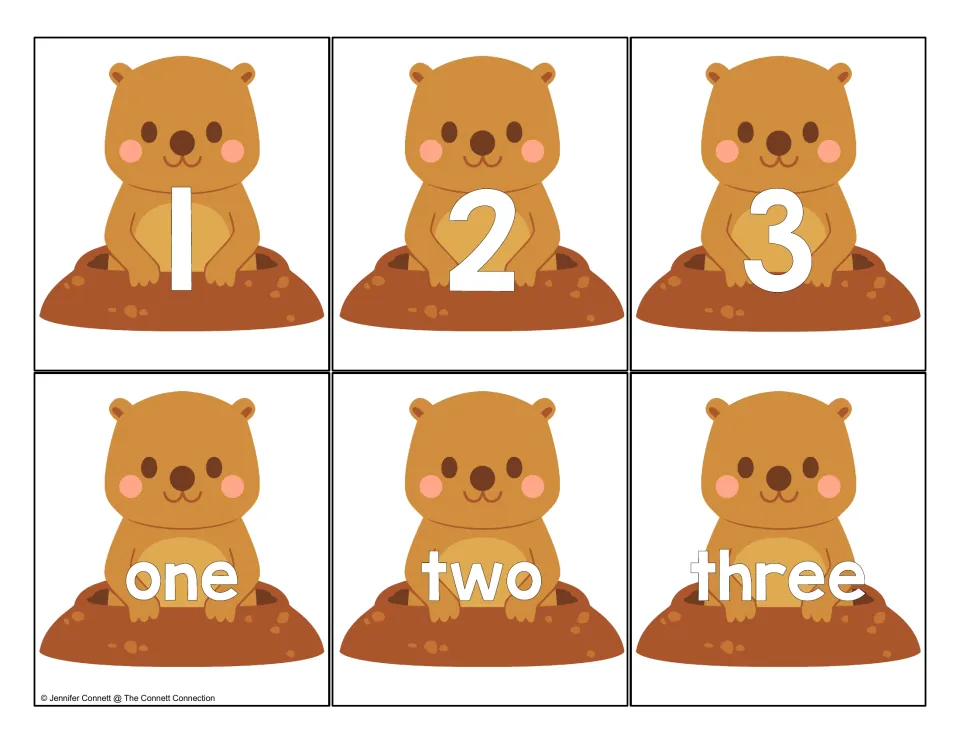 Groundhog number cards 1 to 3: numeral cards 1, 2, 3 and word cards one, two, three for matching numerals to words