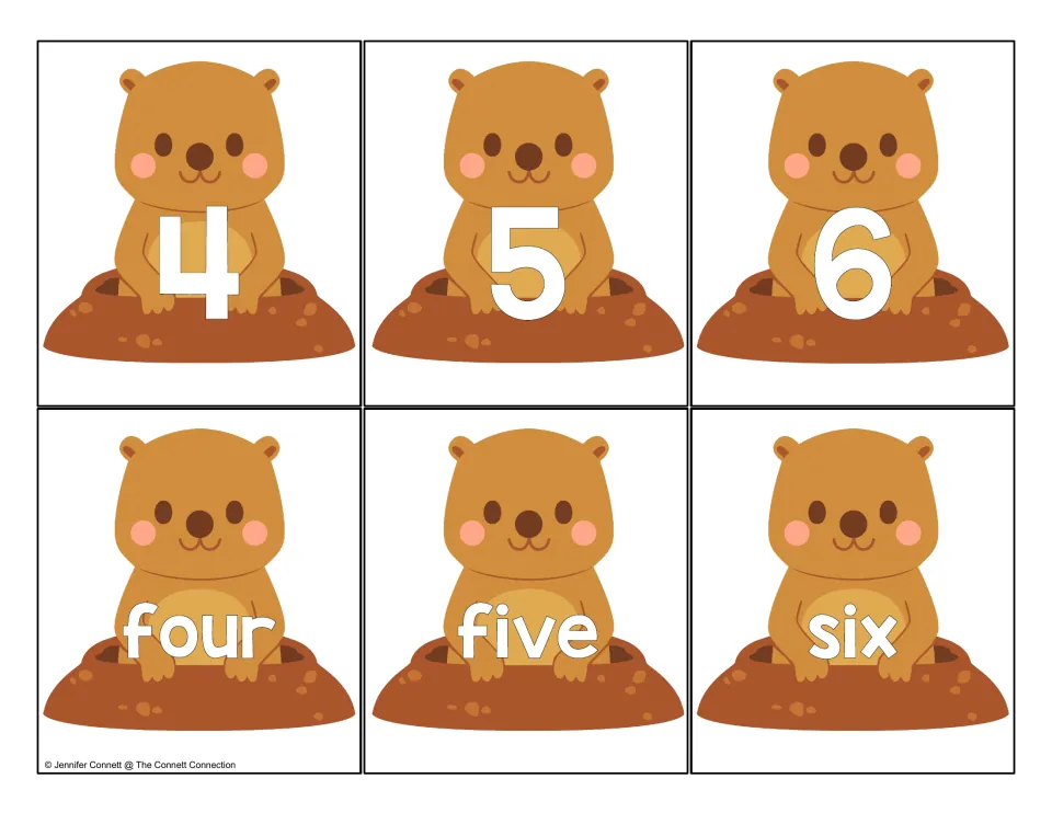 Number cards 4 to 6: groundhog cards show numerals 4, 5, 6 and the words four, five, six for numeral-word matching