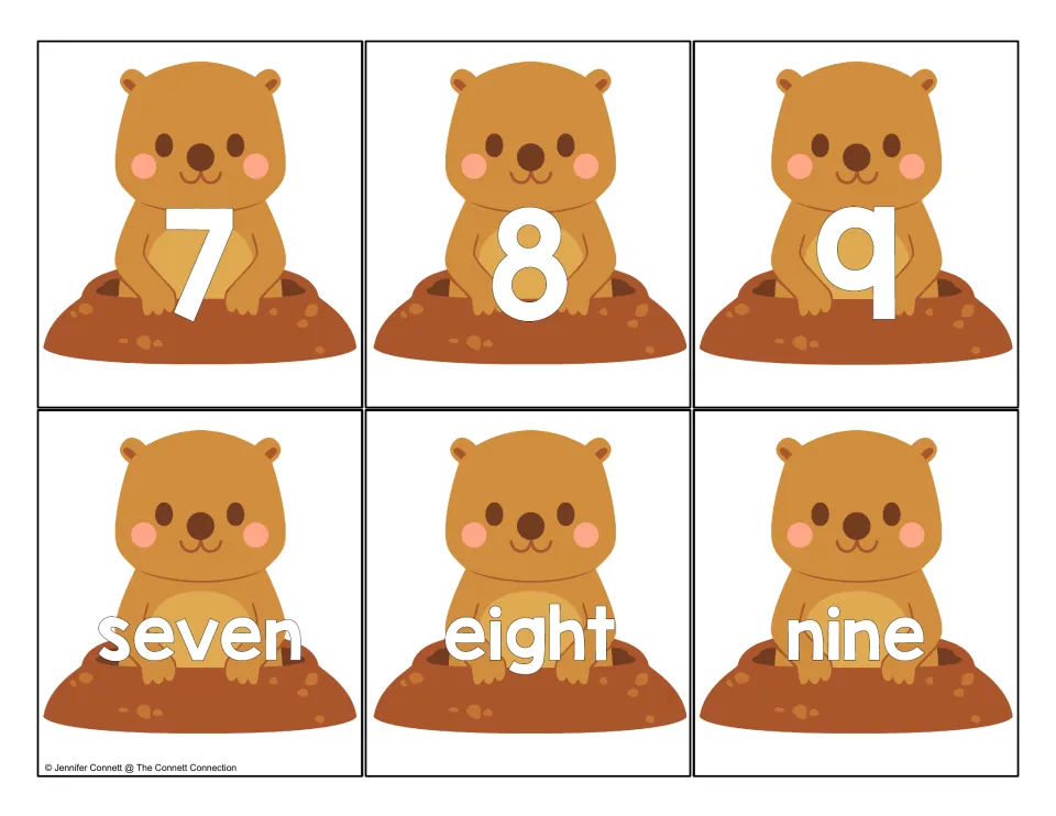Number cards 7 to 9: groundhog cards with numerals 7, 8, 9 and number words seven, eight, nine to match in pairs