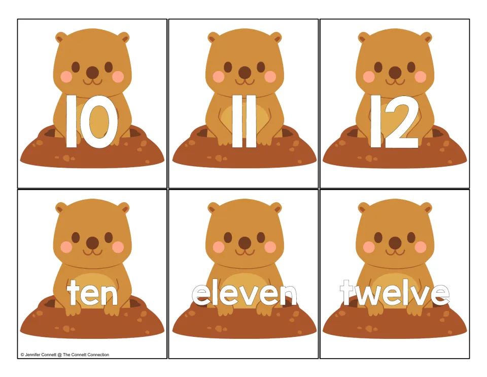 Number cards 10 to 12: groundhog cards with numerals 10, 11, 12 and words ten, eleven, twelve for matching practice