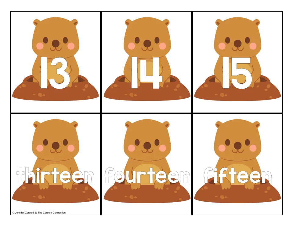 Teen number cards 13 to 15: groundhog cards show 13, 14, 15 and the words thirteen, fourteen, fifteen to match