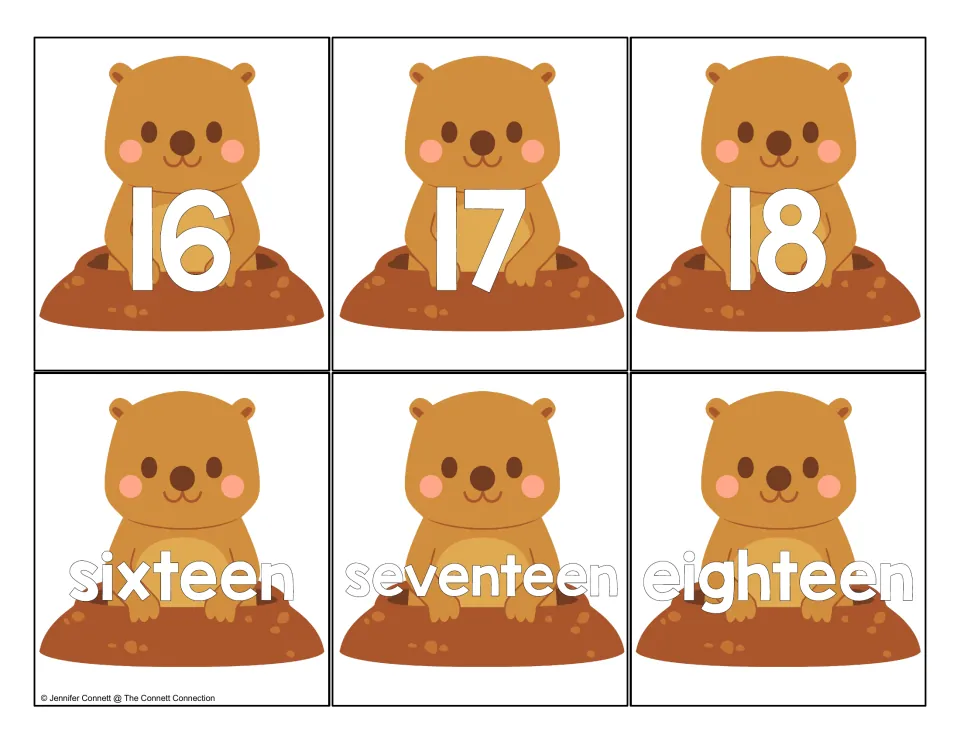 Teen number cards 16 to 18: groundhog cards with numerals 16, 17, 18 and words sixteen, seventeen, eighteen to pair