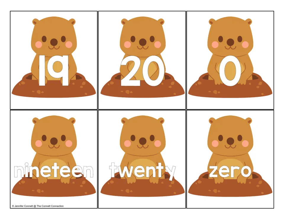 Number cards 19, 20 and 0: groundhog cards with numerals 19, 20, 0 and words nineteen, twenty, zero for matching
