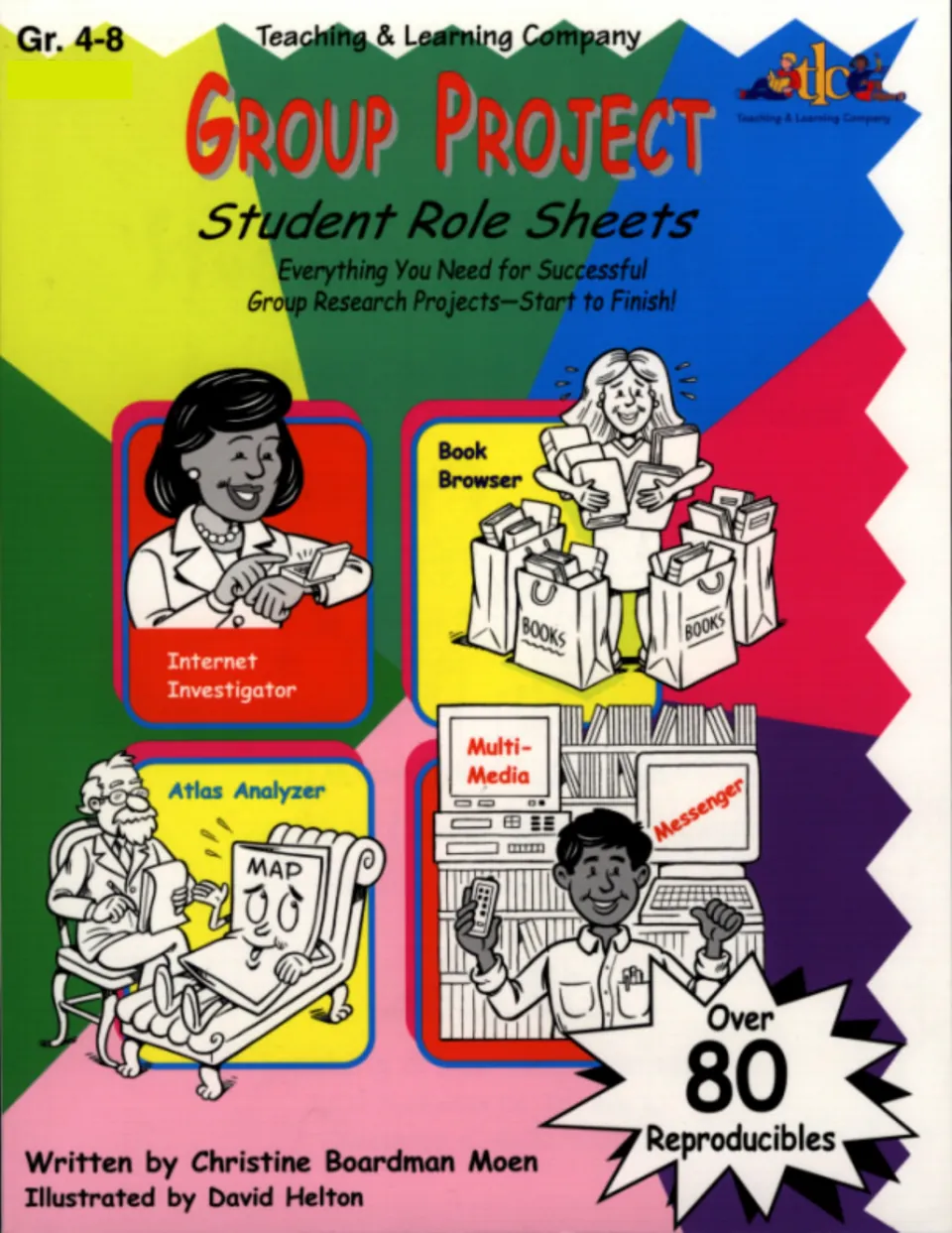 Group Project Student Role Sheets cover, Gr. 4-8, showing Internet Investigator, Book Browser and Atlas Analyzer cartoons