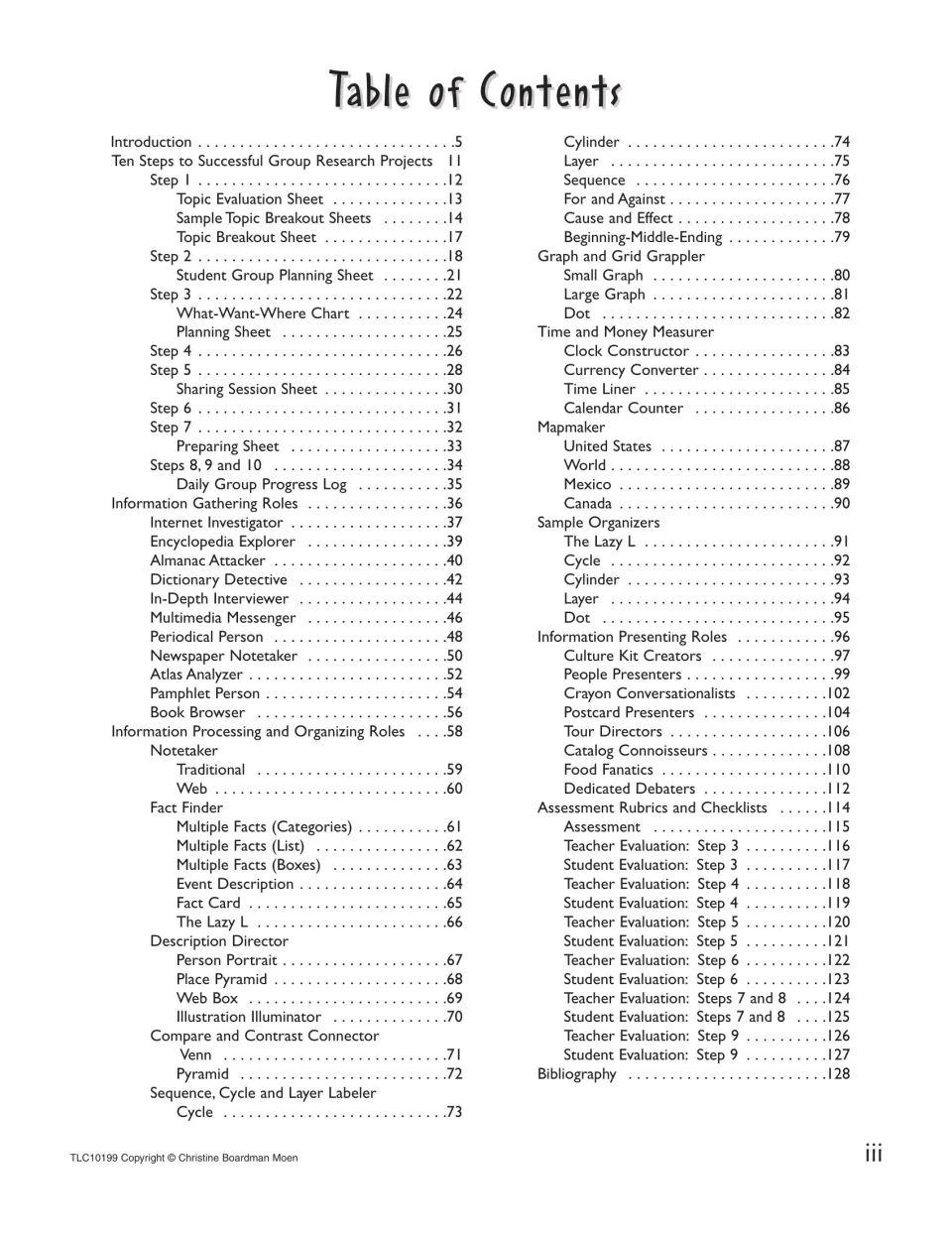 Table of contents listing the 10 research steps, gathering, organizing and presenting roles, and assessment rubrics