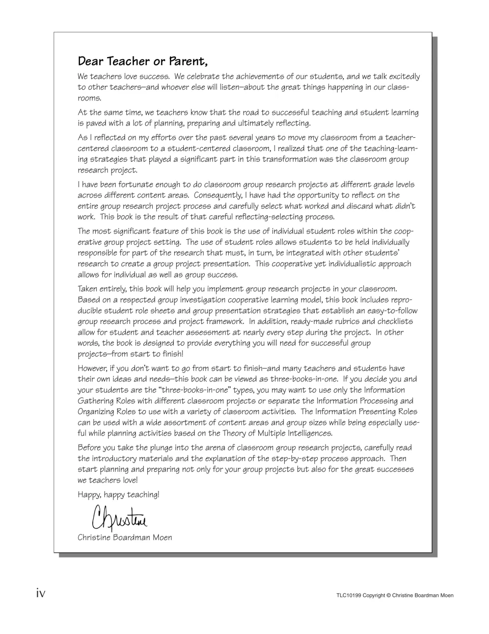 Author's letter to teachers explaining how individual student roles fit within cooperative group research projects