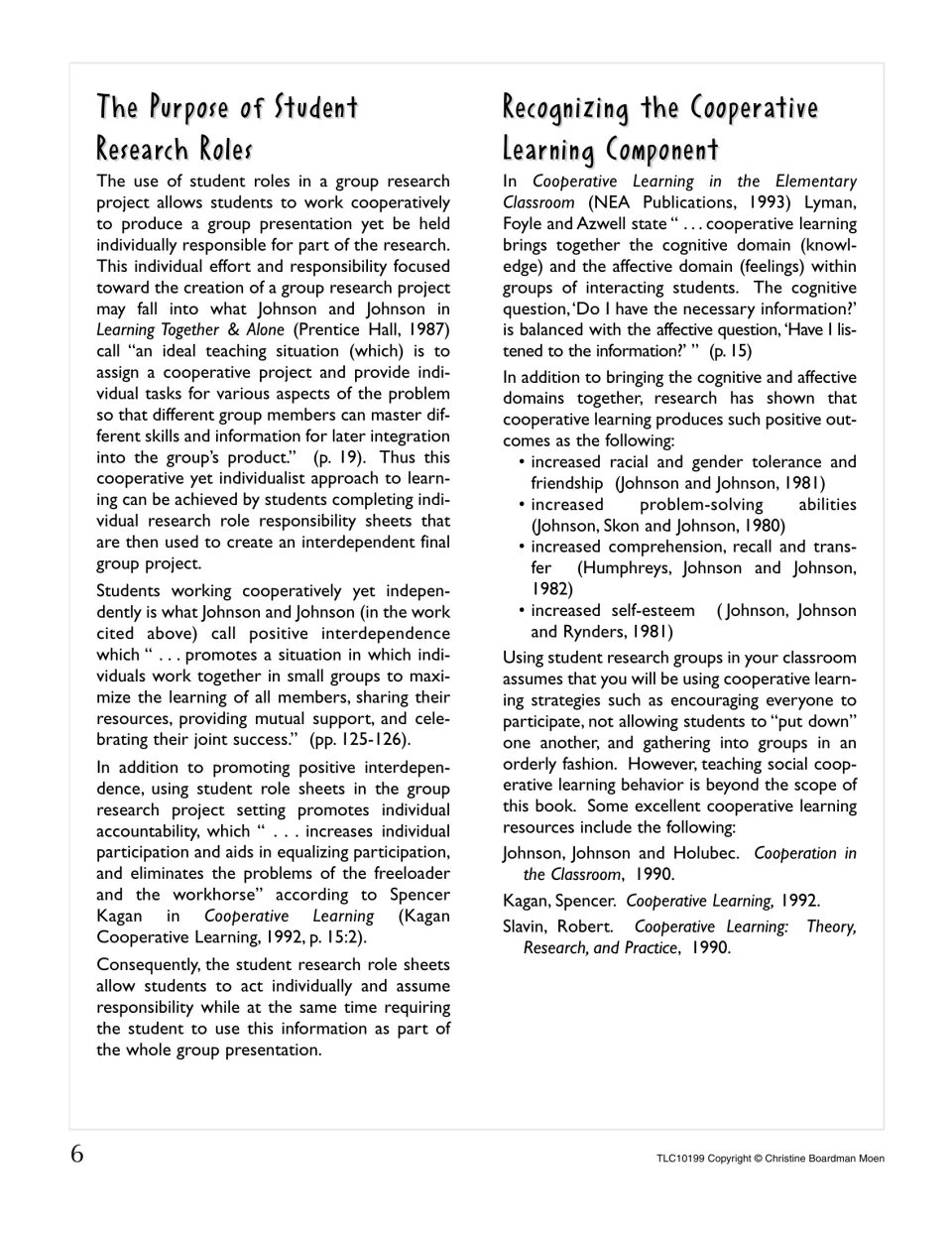Purpose of student research roles and the cooperative learning component, citing Johnson and Johnson, Kagan and Slavin