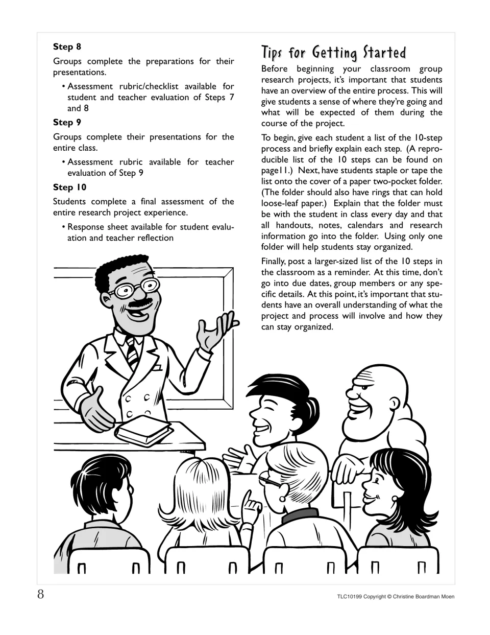 Steps 8 to 10 of the research process and tips for getting started, like taping a 10-step list to a folder