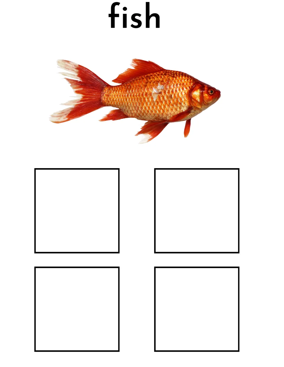Fish sorting mat featuring the label 'fish' and an orange goldfish photo for matching four different fish cards