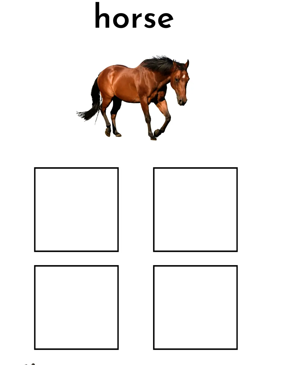 Horse sorting mat featuring the label 'horse' and a brown horse photo for matching four different horse cards
