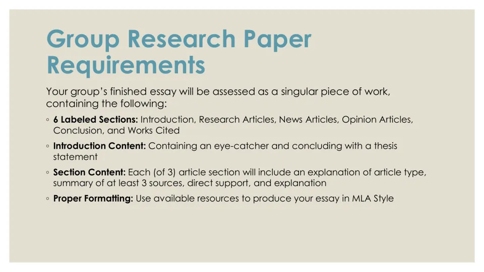 Requirements slide listing 6 labeled sections, introduction and section content, and MLA formatting for the group essay