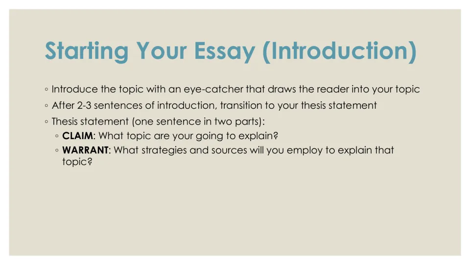 Introduction writing steps: open with an eye-catcher, then a two-part thesis statement giving the claim and the warrant