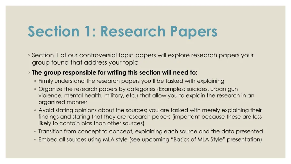 Section 1: Research Papers tasks: sort studies by category, explain findings without opinion and embed sources in MLA style