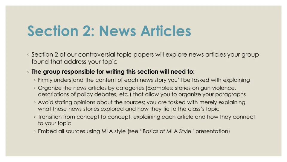 Section 2: News Articles tasks: group stories by category, explain how each ties to the topic and cite sources in MLA style