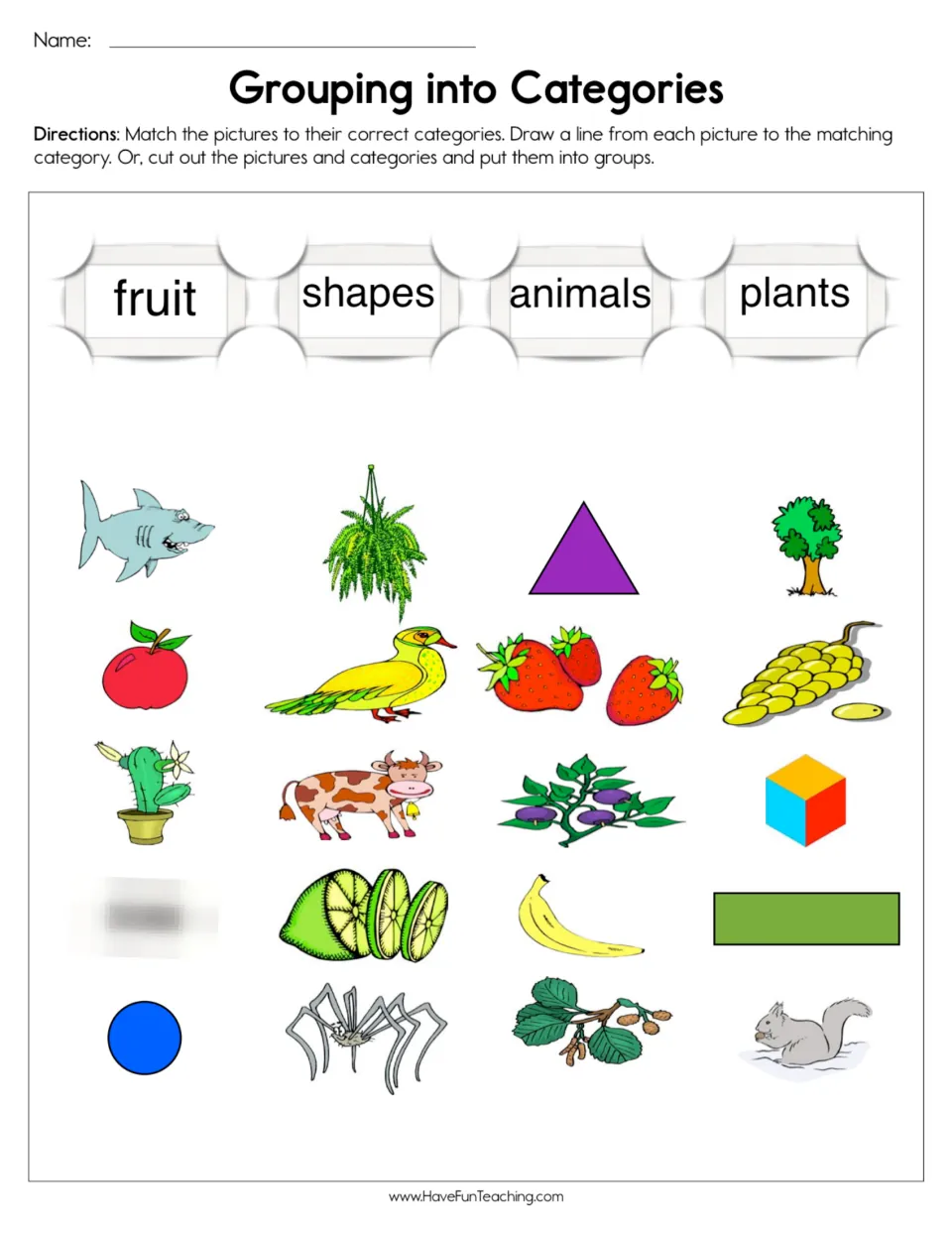 Sorting into categories: students match 20 pictures to fruit, shapes, animals or plants by drawing lines or cutting out