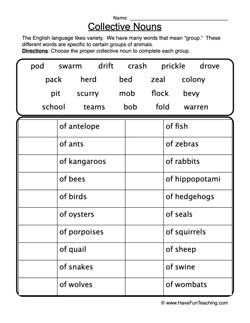 Collective nouns for animals: students use a word bank to name 20 groups, like a pod of porpoises or a pack of wolves