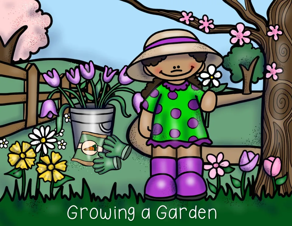 Growing a Garden cover: a girl in a sun hat and purple boots holds a daisy beside tulips, seed packet and garden gloves