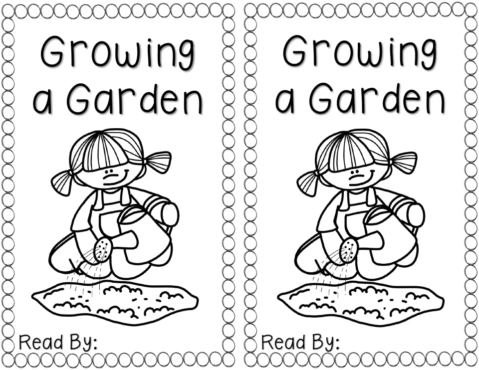 Booklet title page, printed twice: a girl waters a dirt patch with a watering can above a Read By: line for a name