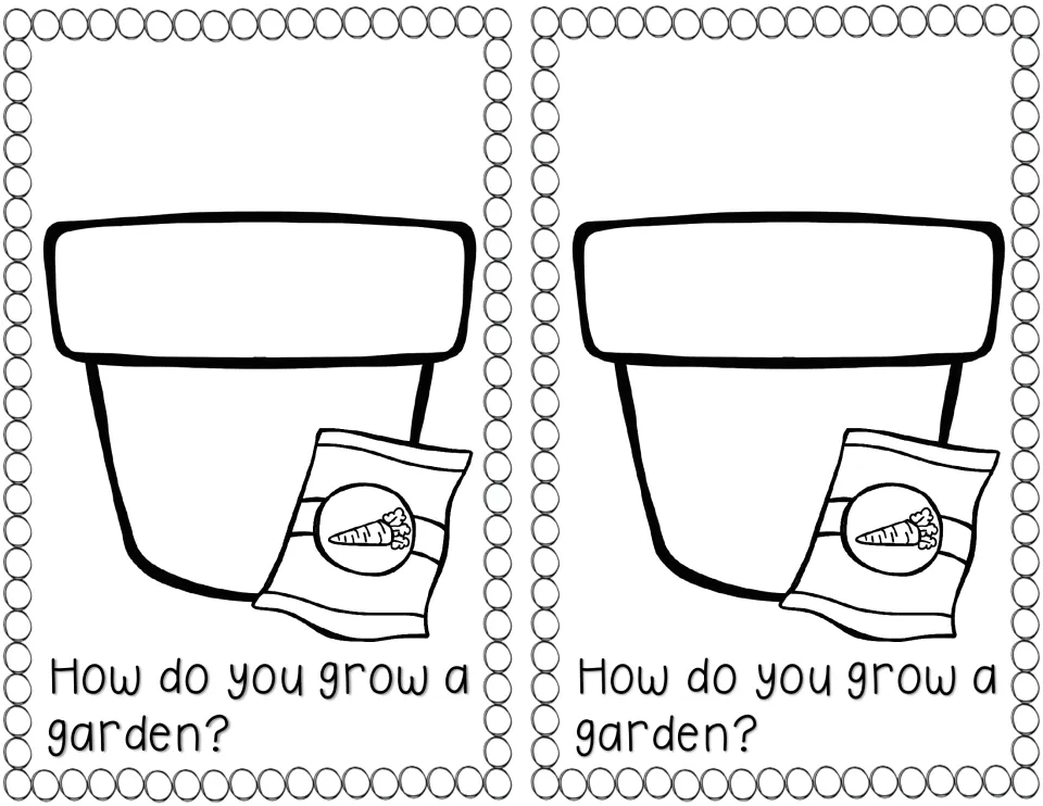 Opening question 'How do you grow a garden?' below a flowerpot and carrot seed packet, shown twice for the two booklets