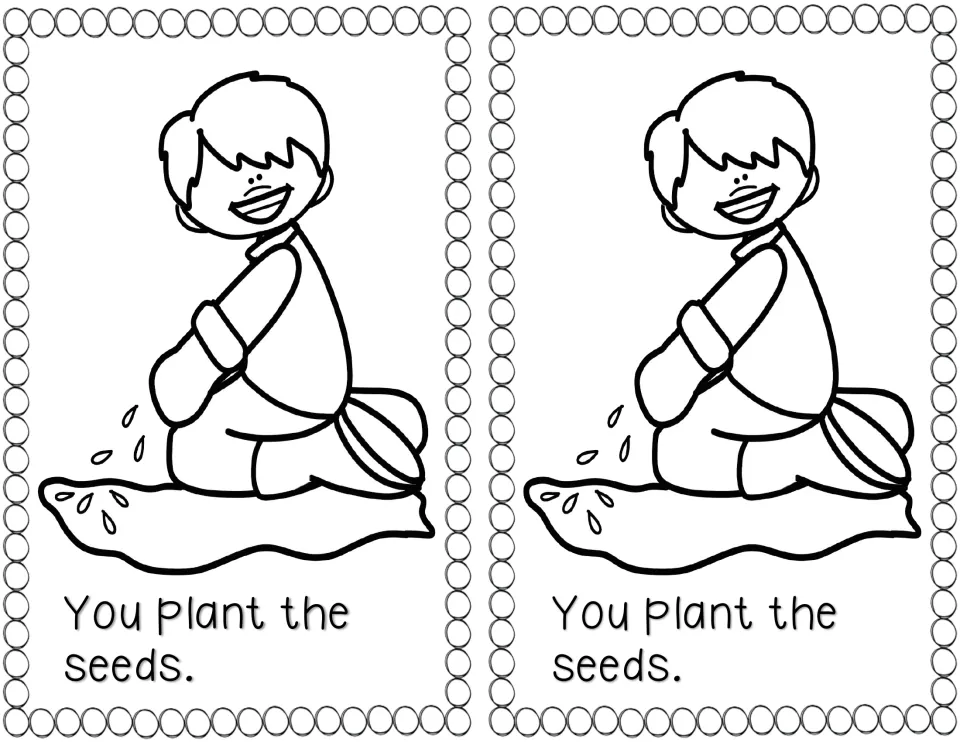 Planting step two: a kneeling boy drops seeds into the soil, with the sentence 'You plant the seeds.' to read and color