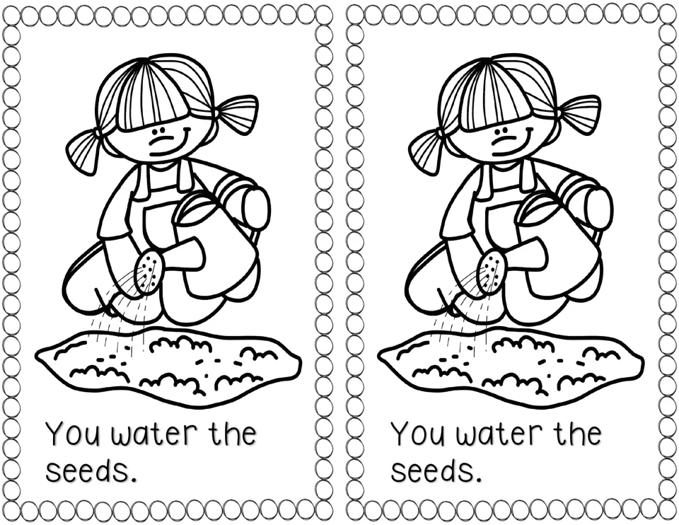 Watering step: a girl in overalls pours from a watering can onto the soil, with the sentence 'You water the seeds.'