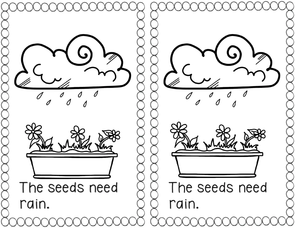 Plant needs: a cloud drops rain onto a window box of flowers, above the sentence 'The seeds need rain.'