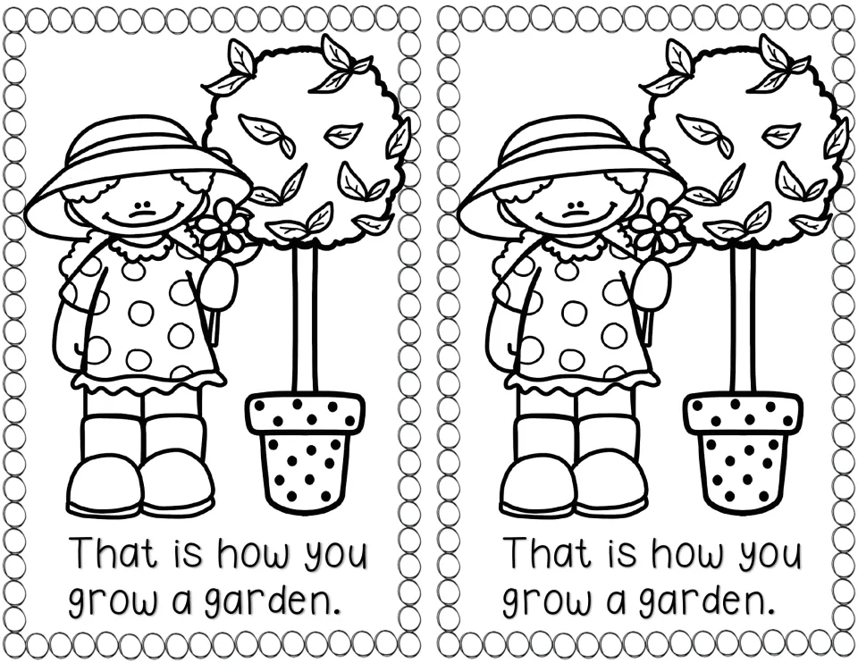 Closing page: a girl in a sun hat holds a flower beside a potted tree, with the sentence 'That is how you grow a garden.'