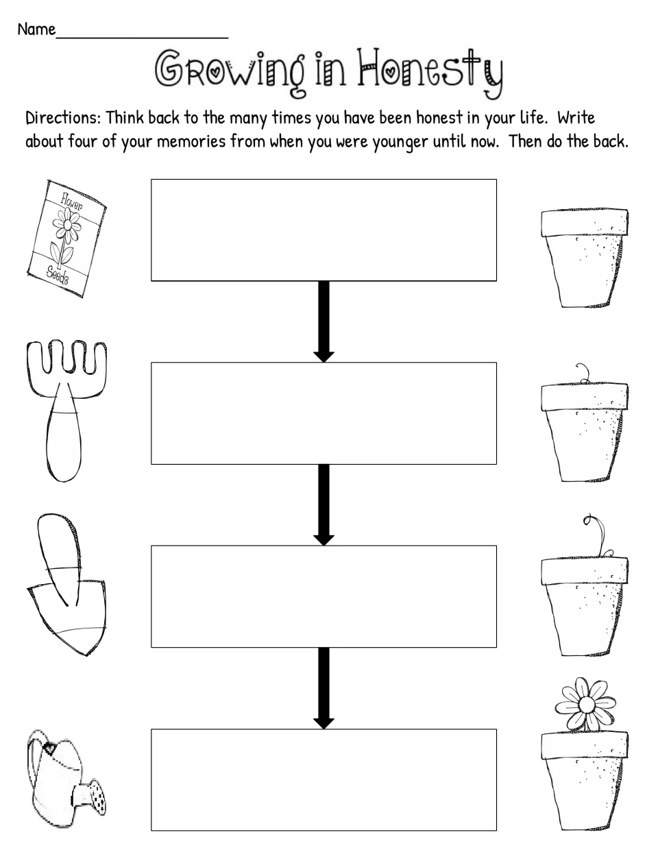 Honesty memories: students write four times they were honest, from younger to now, beside seed-to-flower growth stages