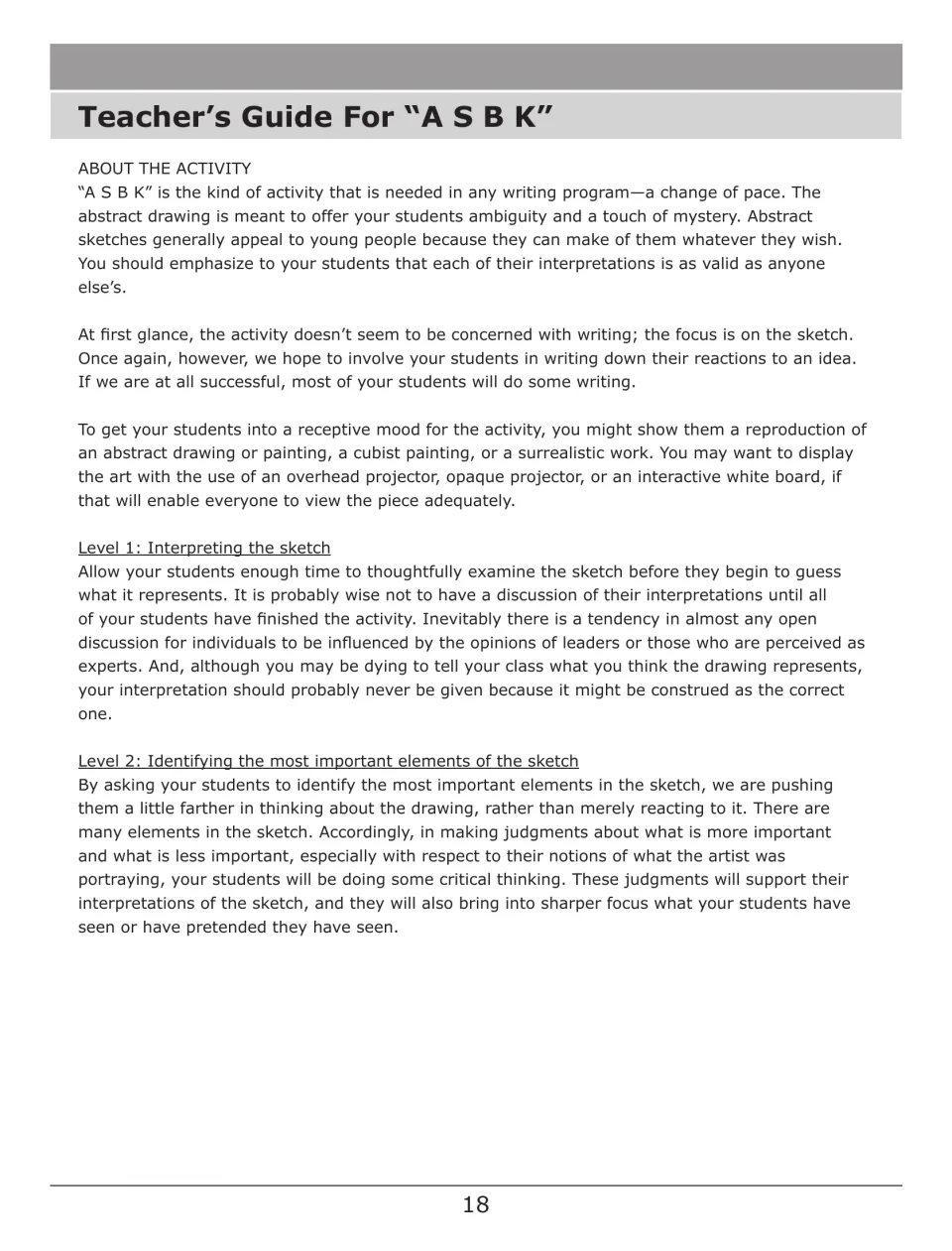 ASBK teacher guide introduces abstract sketch interpretation and identifying the most important elements