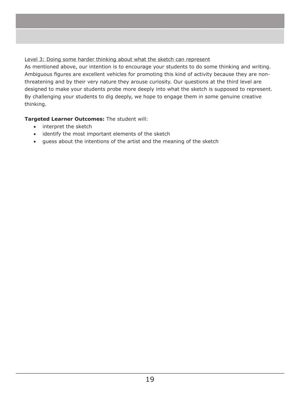 ASBK teacher guide continues with Level 3 on what the sketch represents and three targeted learner outcomes