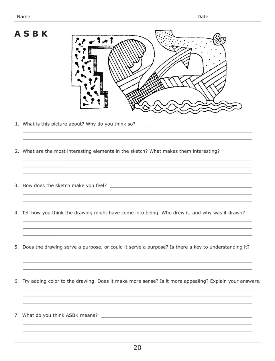 ASBK student activity presents an abstract sketch and seven questions about meaning, feelings, and color