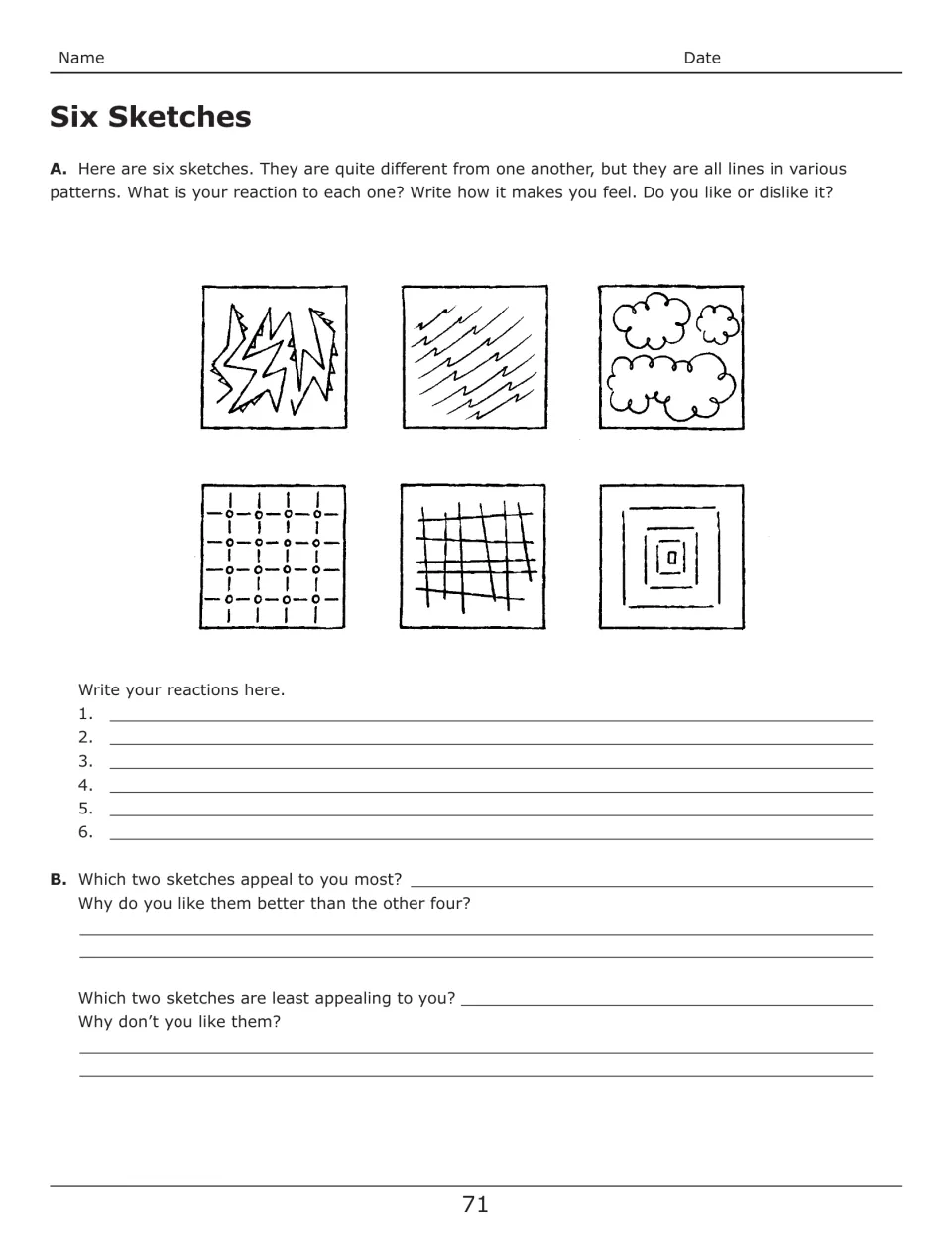 Six Sketches student activity asks for reactions to six line drawings and the two most and least appealing