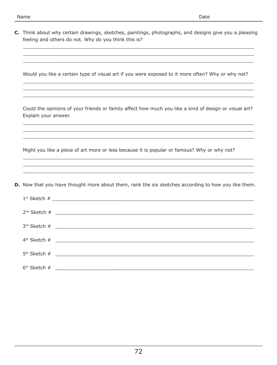 Six Sketches follow-up asks how exposure, family, friends, and fame affect art preferences, then requests rankings