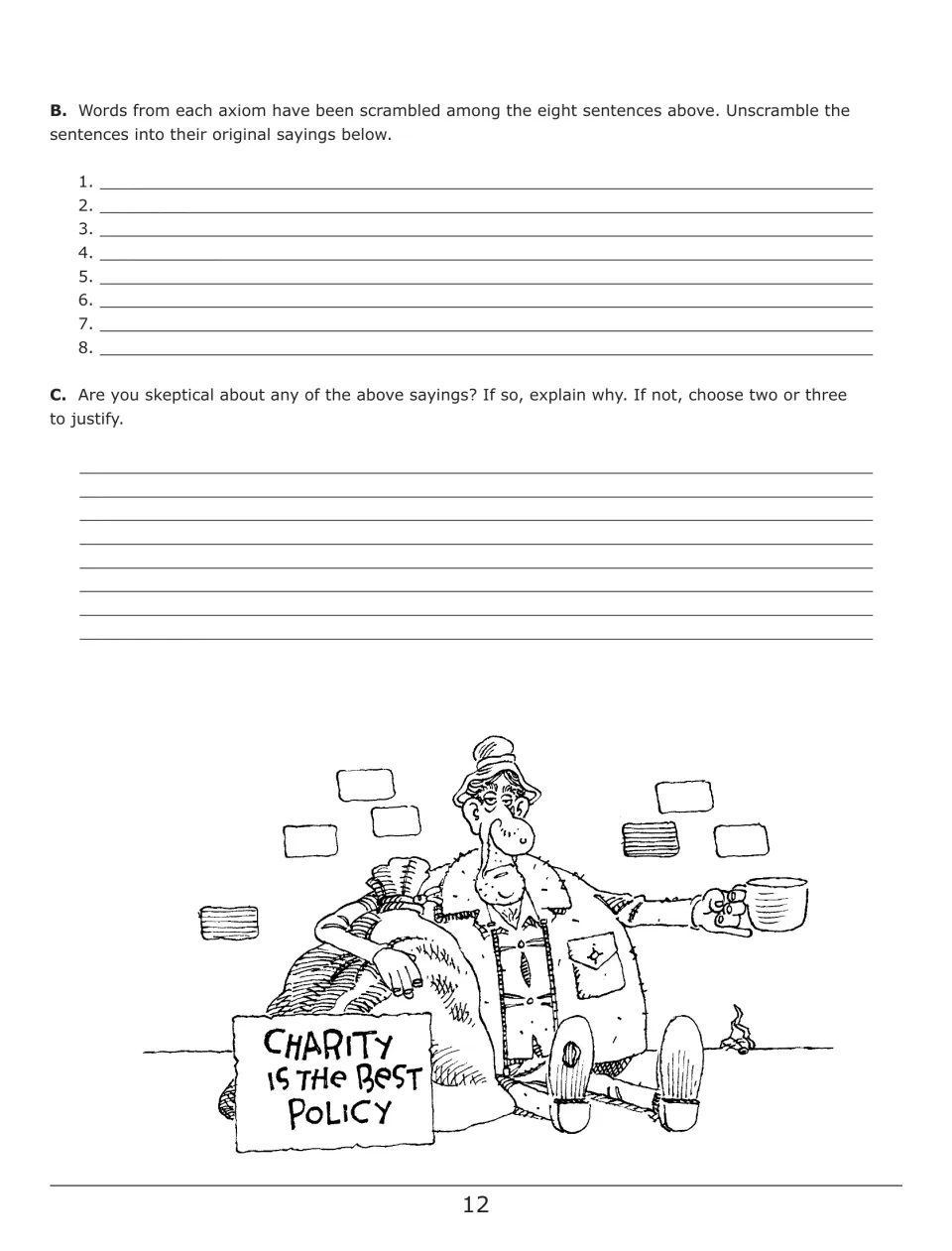Altered Axioms parts B and C: students unscramble the eight sayings into originals, then question or justify them