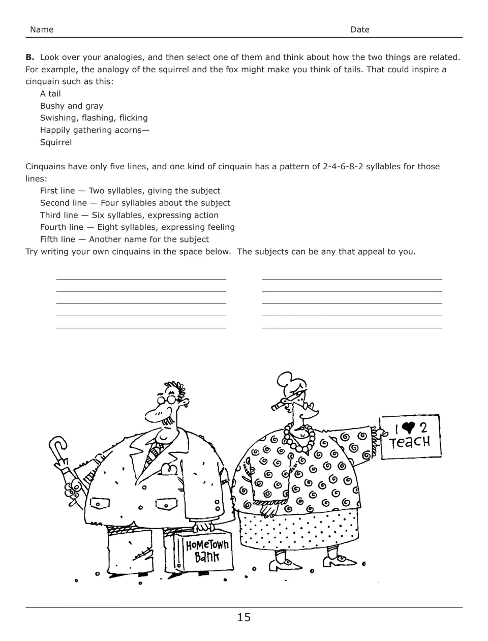Cinquain writing, part B: squirrel model poem and the 2-4-6-8-2 syllable pattern, then students write their own