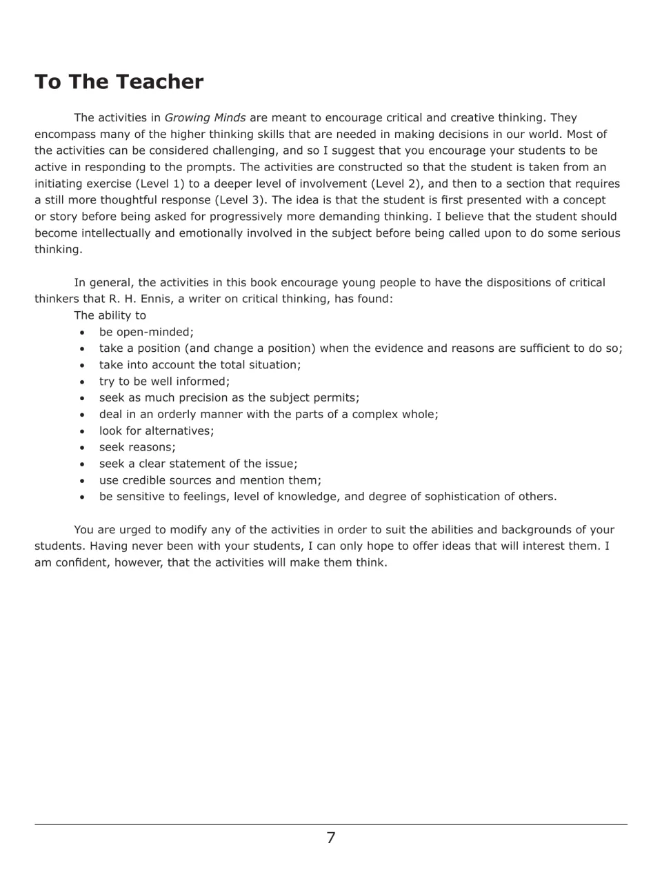 To The Teacher: explains the Level 1 to Level 3 activity structure and lists R. H. Ennis's critical thinker dispositions