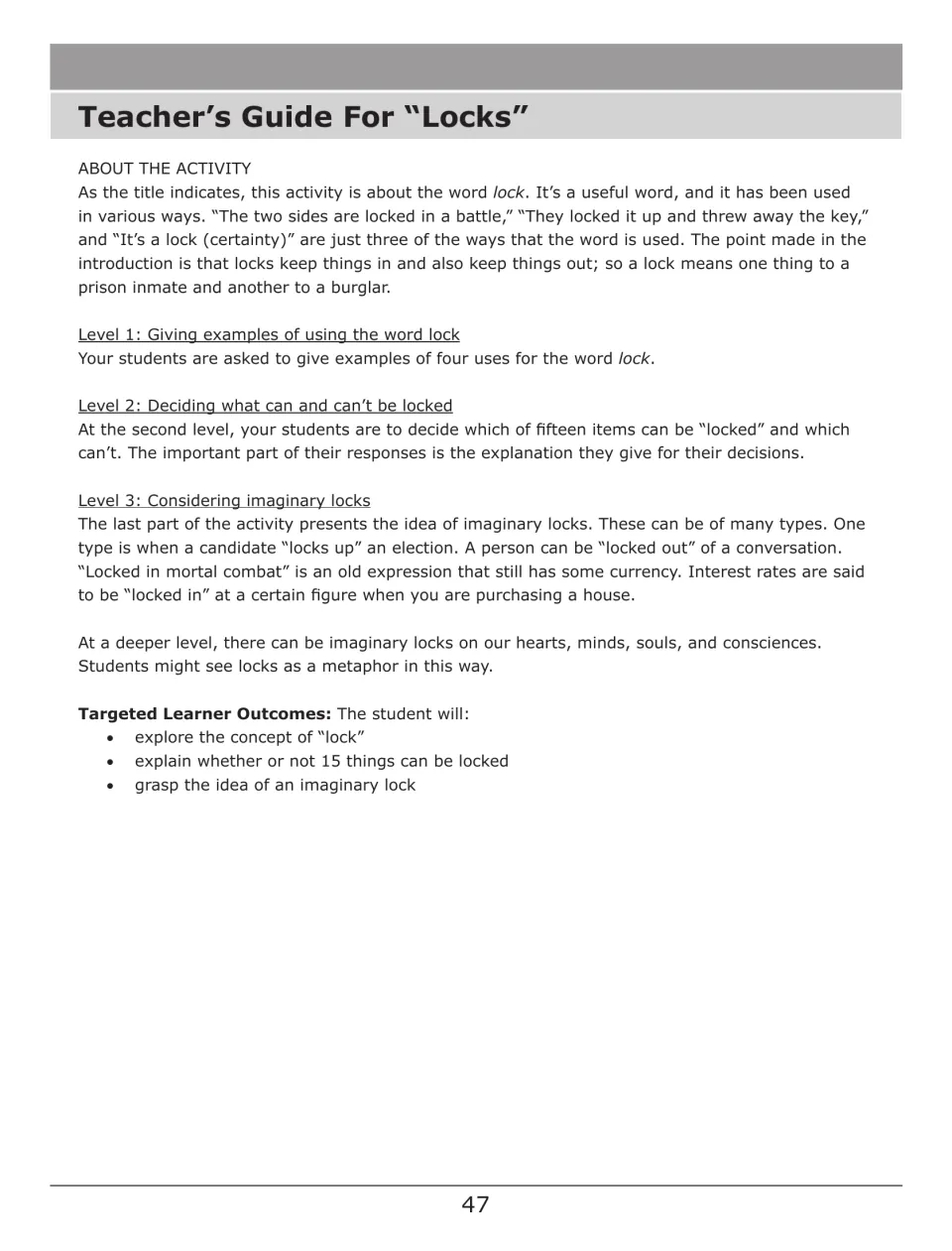 Teacher's guide for Locks: meanings of the word lock, notes for Levels 1 to 3 and targeted learner outcomes