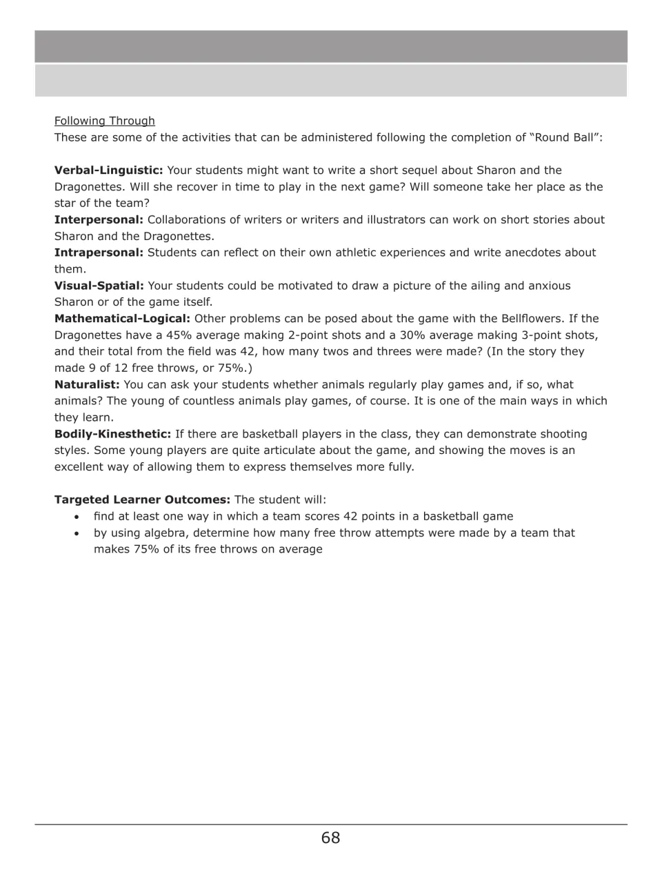 Round Ball follow-up guide suggests story writing, drawing, shooting demonstrations, and further math problems