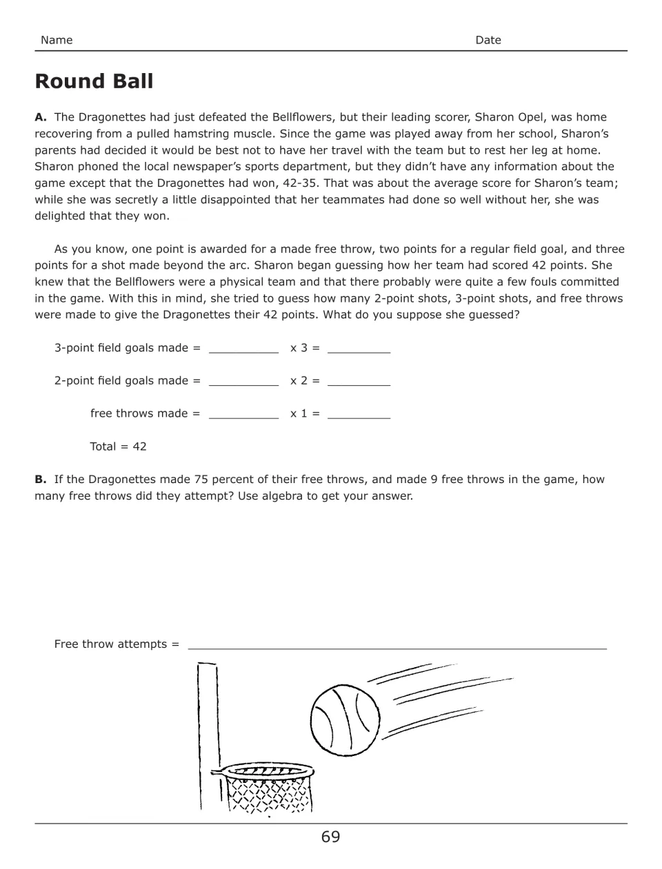 Round Ball student activity asks for a 42-point scoring combination and free throw attempts from 9 made at 75%