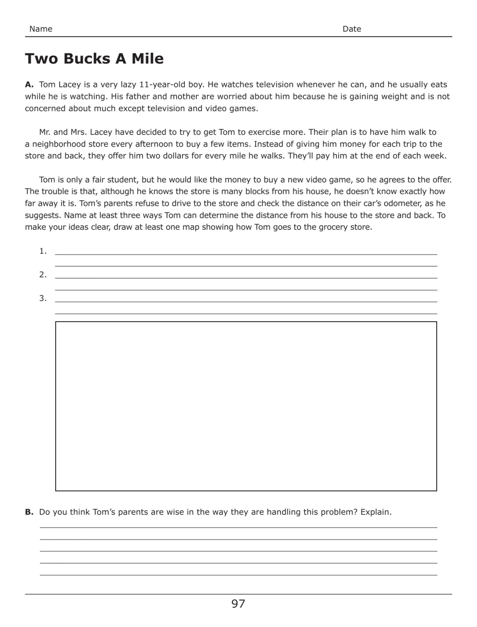 Two Bucks a Mile activity asks for three ways to measure a store trip, a route map, and an opinion on Tom's pay