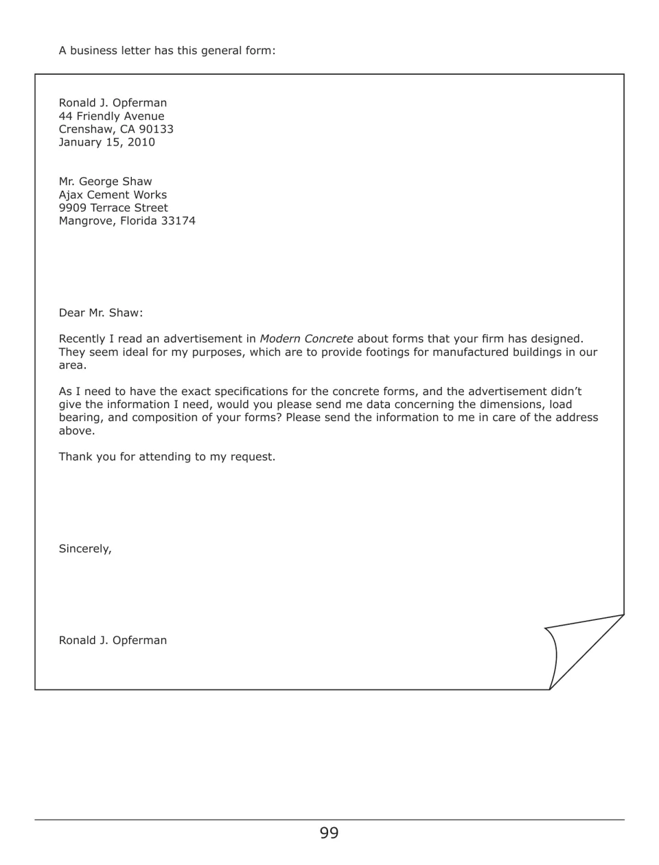 Model business letter for the math packet shows a request for concrete form specifications addressed to Mr. Shaw