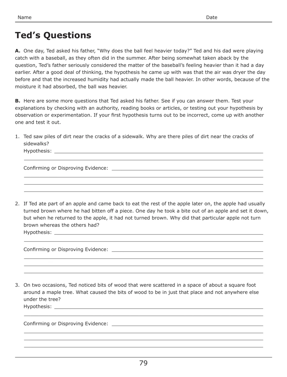 “Ted’s Questions” activity asks for hypotheses and evidence about sidewalk dirt, an apple, and wood bits