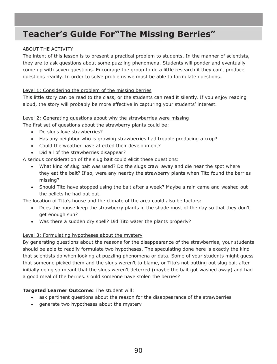 Teacher guide for “The Missing Berries” models questions about strawberries and ways to form hypotheses
