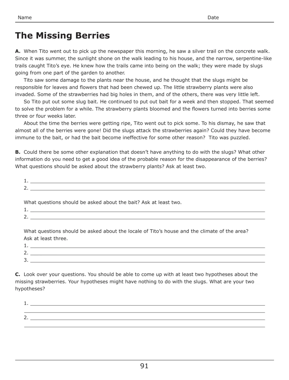 “The Missing Berries” story asks students for seven questions and two hypotheses about vanished strawberries