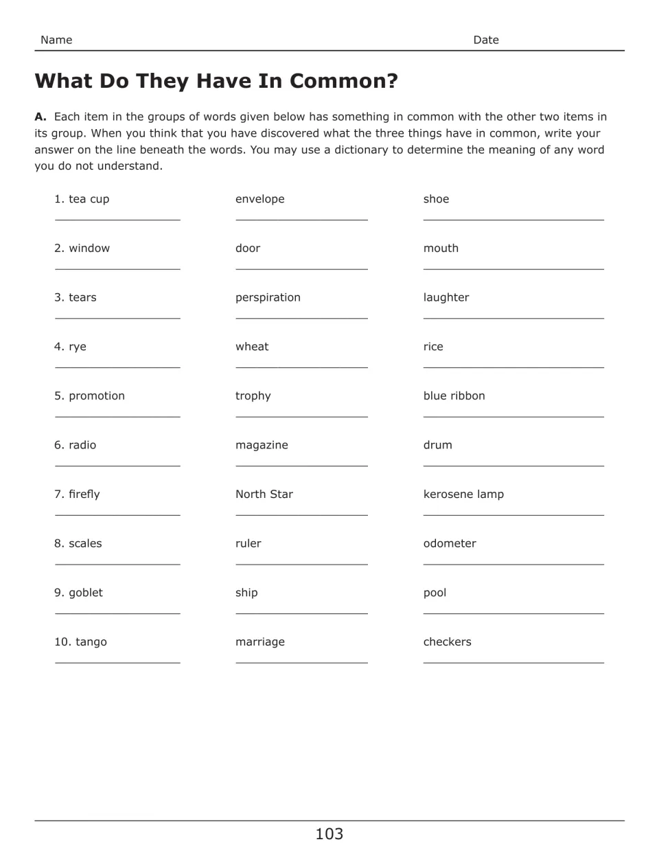 “What Do They Have in Common?” asks students to find shared traits in ten word groups, including rye, wheat, rice