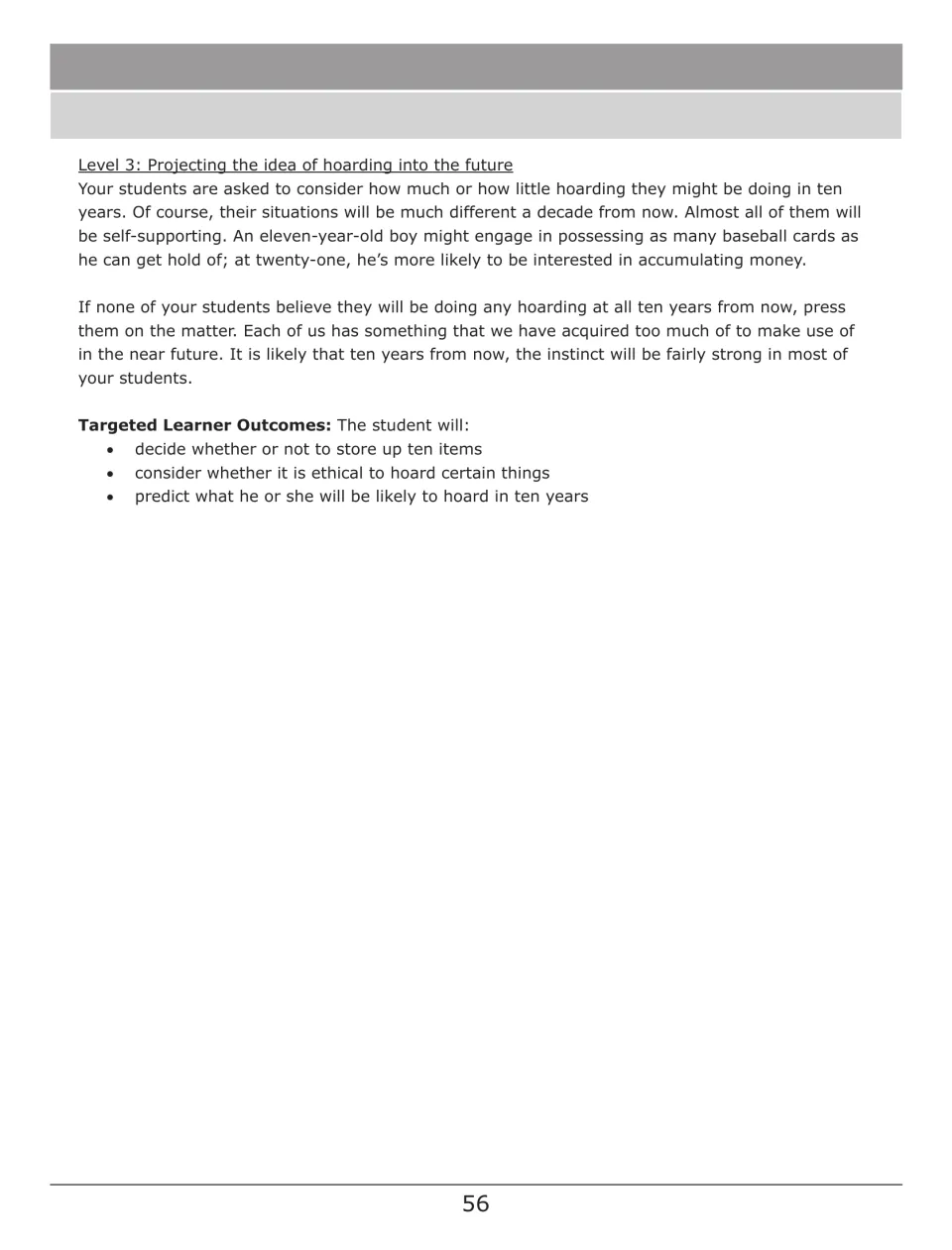 Hoarding guide continued: Level 3 notes on predicting future hoarding, plus three targeted learner outcomes for the lesson