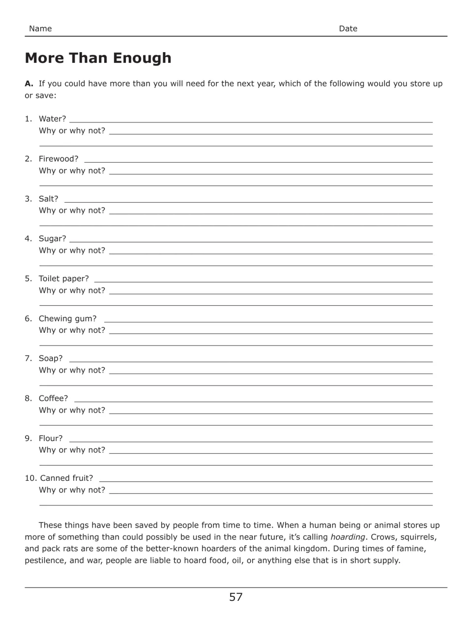 More Than Enough, Part A: students decide whether to store water, salt, soap and 7 other items and explain why or why not