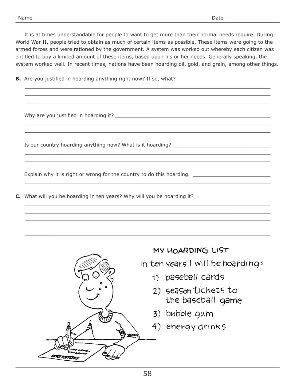 Hoarding parts B and C: after a WWII rationing reading, students judge personal and national hoarding and predict their own